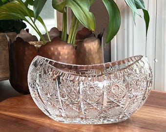 Vintage Conoe-Shaped Heavy Lead Crystal Centerpiece Bowl - Stars and Crosshatch Design, Scalloped Rim ~ 1960s