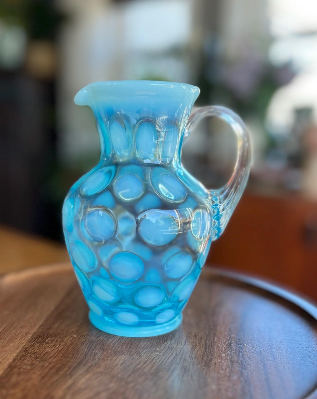 Vintage Fenton Blue Opalescent Coin Optic/coin Dot Mini Pitcher ~ 1940s ...