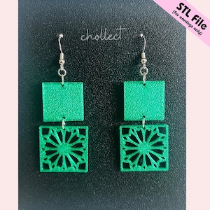 May include: Green square earrings with a textured top and a decorative, openwork bottom. The earrings are suspended from silver-colored hooks. The image includes the text "chollect" and "STL File (for earrings only)".