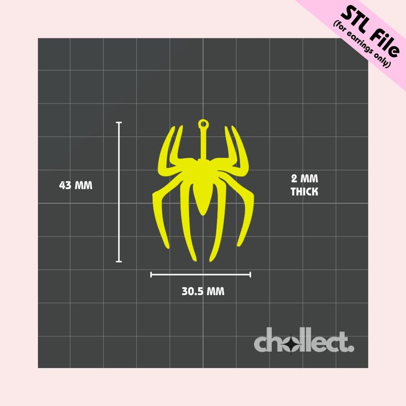 May include: A yellow spider-shaped STL file for earrings, with dimensions of 43 mm in height, 30.5 mm in width, and 2 mm thick. The design is displayed on a dark gray grid background with the text "STL File (for earrings only)".