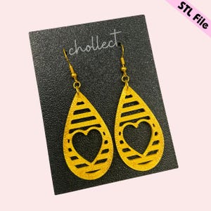 Heart Striped Teardrop Earrings STL File for 3D Printing - Unique Digital Download, Dangle Earrings STL File for 3D Print Model