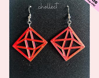 May include: A pair of red geometric earrings with a diamond shape and a silver hook. The earrings have a lattice design within the diamond shape. The word "chollect" is written in cursive. The text "STL File (for earrings only)" is in the upper right corner.