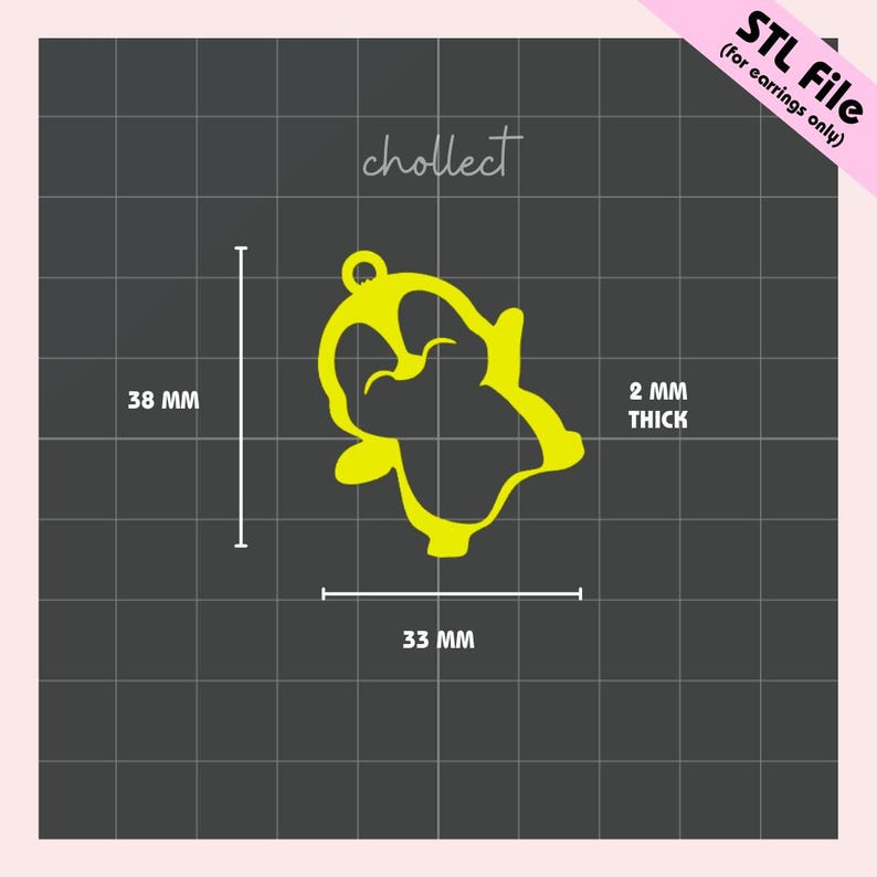 May include: A yellow earring design, 3.8 cm high and 3.3 cm wide, with a thickness of 2 mm. The design is a silhouette of a character. The text "chollect" is in the upper left corner, and "STL File (for earrings only)" is in the upper right corner.
