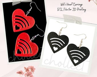 May include: Red and black heart-shaped earrings with a wifi symbol design. STL file for 3D printing. Wifi Heart Earrings.