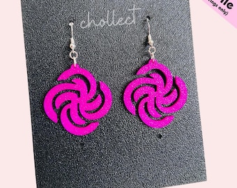 May include: A pair of bright pink, abstract flower-shaped earrings with silver hooks. The earrings are displayed on a black card with the word "chollect" printed in white. The text "STL File (for earrings only)" is in the upper right corner.