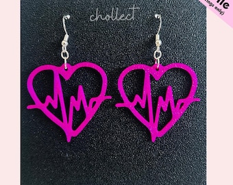 May include: A pair of hot pink heart-shaped earrings with a heartbeat design. The earrings are made of a glittery material and have silver-colored ear wires. The word "chollect" is written in cursive on the top left.