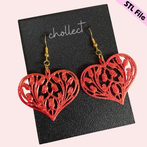 Floral Heart Earrings STL File for 3D Printing – Unique Digital Download, Dangle Earrings STL File for 3D Print Model