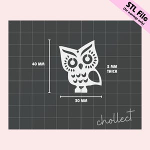 Puede incluir: Dise&ntilde;o de pendientes en forma de b&uacute;ho blanco con detalles intrincados, que mide 30 mm de ancho y 40 mm de alto, y 2 mm de grosor. Archivo STL solo para pendientes.