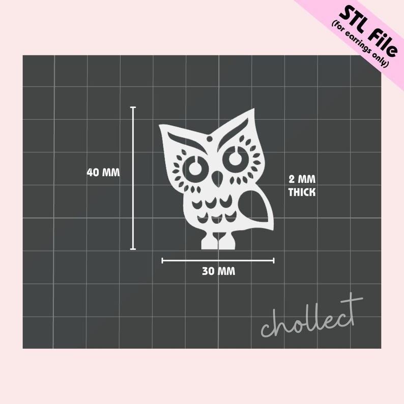 Puede incluir: Dise&ntilde;o de pendientes en forma de b&uacute;ho blanco con detalles intrincados, que mide 30 mm de ancho y 40 mm de alto, y 2 mm de grosor. Archivo STL solo para pendientes.