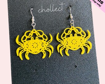 May include: A pair of yellow crab earrings with silver hooks. The earrings are made of a cutout design, with the word "chollect" printed above the earrings. The text "STL File (for earrings only)" is in the upper right corner.
