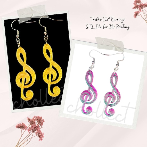 Treble Clef Earrings STL File: 3D Print Dangle Earring Design (Digital Download)