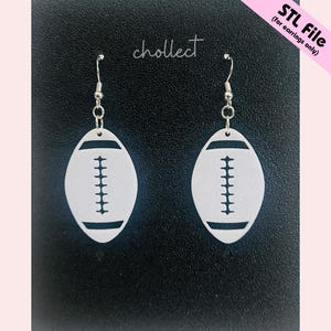 May include: A pair of white football-shaped earrings with black stitching details. The earrings are hanging from silver-colored hooks. The background is black. The text "chollect" is written in cursive. The text "STL File (for earrings only)" is in the upper right corner.