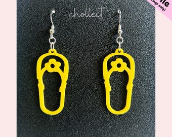 May include: A pair of yellow flip-flop earrings with silver hooks. The earrings are shaped like sandals with a flower design at the top. The word "chollect" is written in cursive. The text "STL File (for earrings only)" is in the upper right corner.