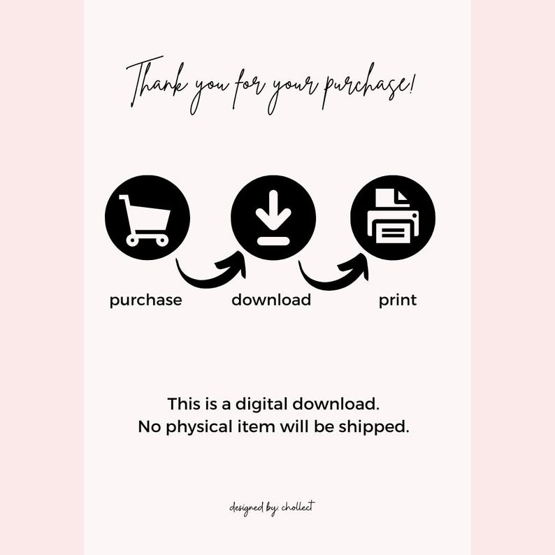 Może przedstawiać: Czarno-biała ilustracja koszyka na zakupy, strzałki pobierania i drukarki. Tekst "Thank you for your purchase!" znajduje się w g&oacute;rnej części obrazu. Tekst "This is a digital download. No physical item will be shipped." znajduje się w dolnej części obrazu.