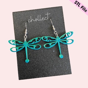 May include: A pair of teal blue dragonfly earrings with silver hooks. The earrings are displayed on a black card with the word "cholleect" printed on it.