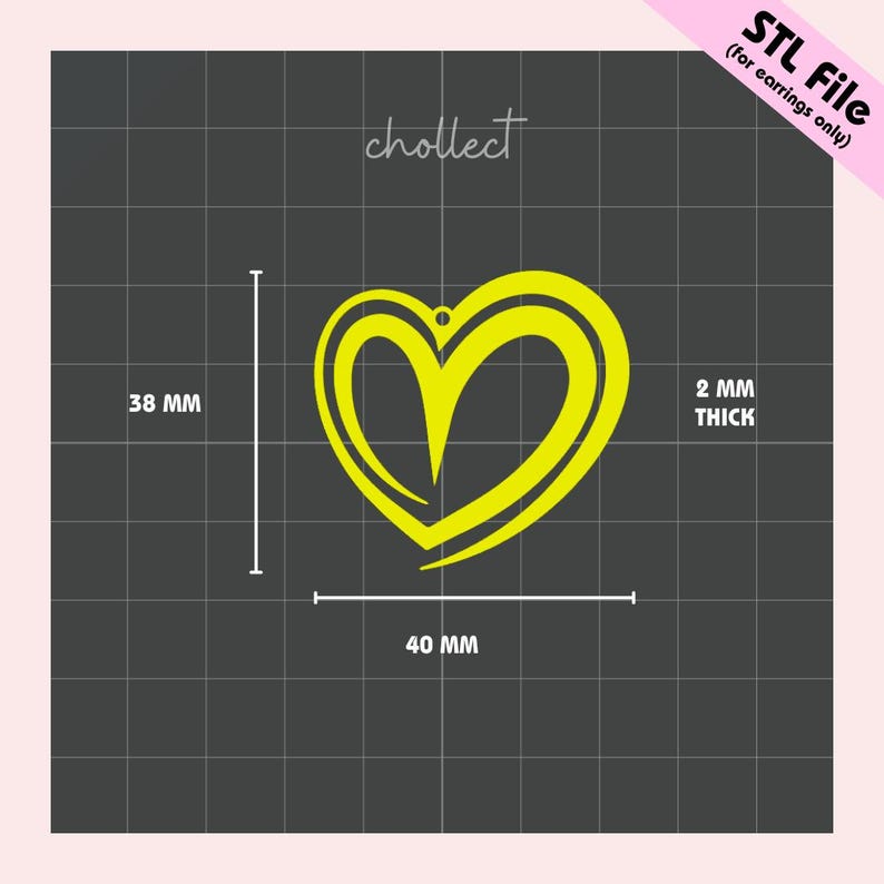Puede incluir: Un dise&ntilde;o amarillo en forma de coraz&oacute;n, de 40 mm de ancho y 38 mm de alto, con un grosor de 2 mm. El dise&ntilde;o est&aacute; etiquetado como un archivo STL para pendientes. La palabra "chollect" est&aacute; escrita encima del coraz&oacute;n.
