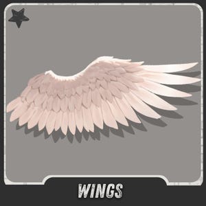 Puede incluir: Ilustración digital de un par de alas blancas y rosa pálido, con plumas detalladas. Las alas están sobre un fondo gris. La palabra "WINGS" está escrita en una fuente estilizada en la parte inferior de la imagen.