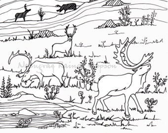 Caribou in the Mountains - Alaska Native hand drawn coloring page