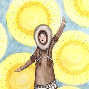 May include: A person wearing a brown hooded parka with fur trim stands in front of a blue background with yellow suns. The person is smiling and has their arms raised.