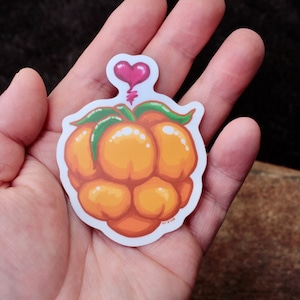 May include: A sticker of a cartoon cloudberry with a pink heart floating above it. The cloudberry is orange and has a green stem.
