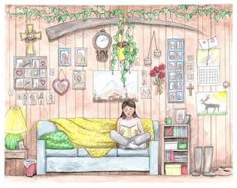 Aana and Tatta's House - Alaska Native Inupiaq watercolor painting