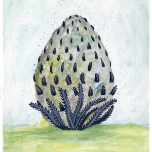 May include: A watercolor painting of a gray egg-shaped rock with black and blue brushstrokes, resembling a plant with leaves, on a green background.