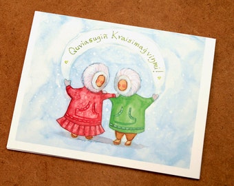 Merry Christmas! - Quviasugin Kraisimagvinmi! - Alaska Native Inupiaq card set - A2 sized Greeting card
