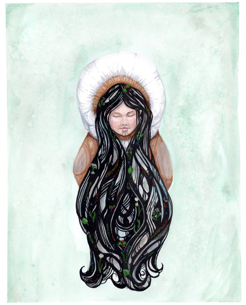 Picking Plants Alaska Native Inupiaq watercolor and gouache painting image 1