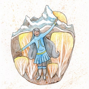 Dancing in the Mountains - Alaska Native Inupiaq watercolor and ink painting
