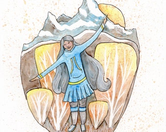 Dancing in the Mountains - Alaska Native Inupiaq watercolor and ink painting