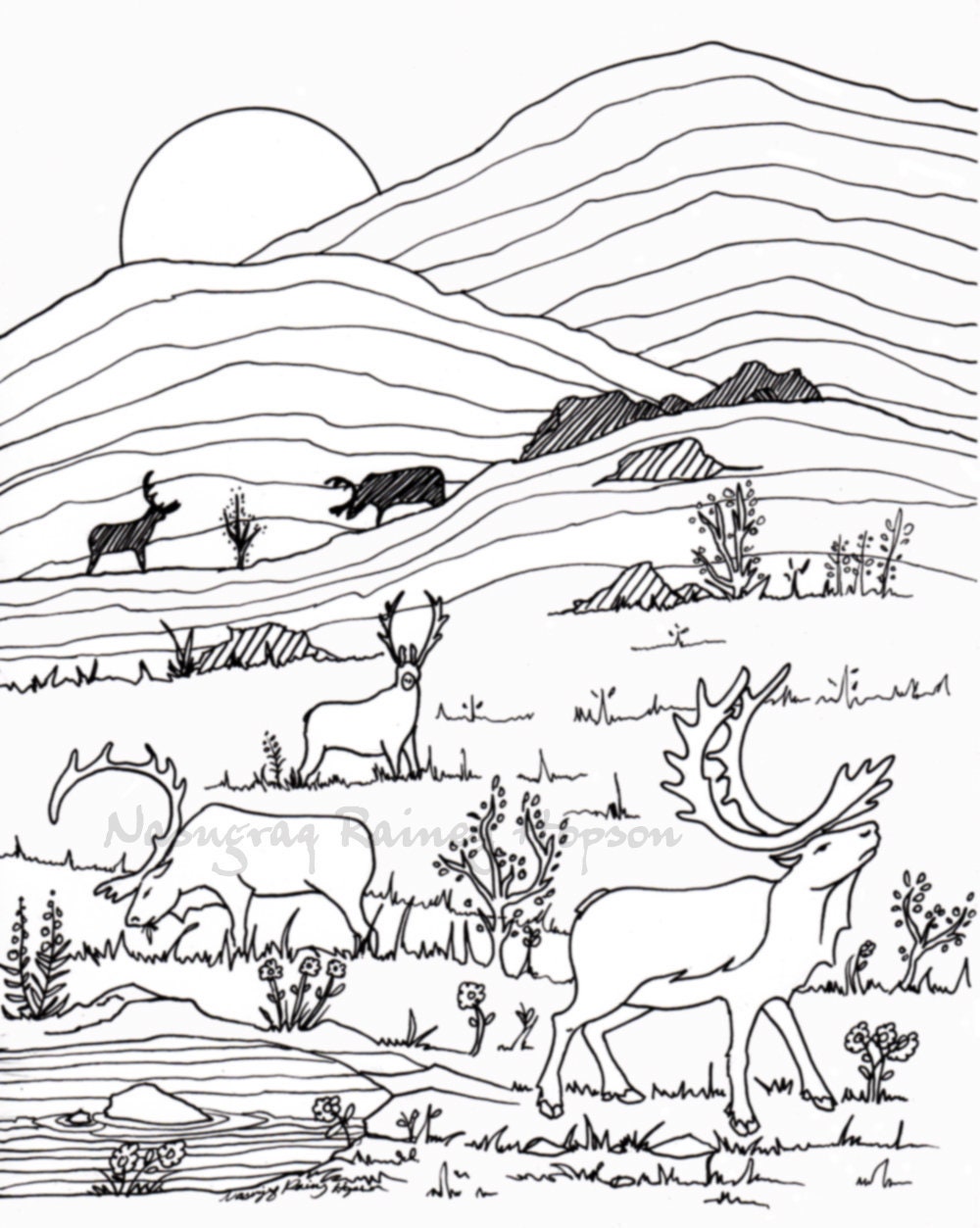 Caribou in the Mountains Alaska Native Hand Drawn Coloring Page - Etsy