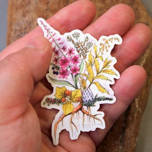 May include: A sticker featuring a watercolor illustration of a bouquet of wildflowers with pink, yellow, and purple flowers, green leaves, and brown roots. The sticker is on a white background.
