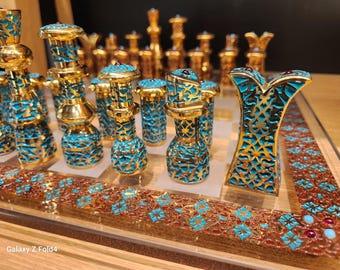 Handmade Ottoman Chess Set – Luxury Glass & Gold Gilded Collectible with Agate - Turquoise Stones