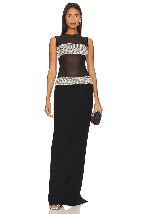 Black Sheer Mesh Maxi Dress – Silver Crystal Evening Gown