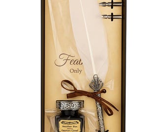 Vintage Feather Dip Pen Set - Antique-style writing quill with ink & nibs – gift box set