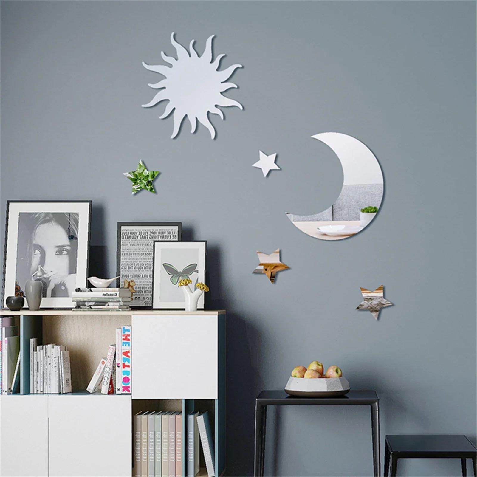 Shappy 100 Pcs Acrylic Moon Star Mirror Wall Stickers Decal 3D Acrylic Mirror Stickers Removable Decal For Room Good Night Nursery House Bedroom Wall Decor(Gold