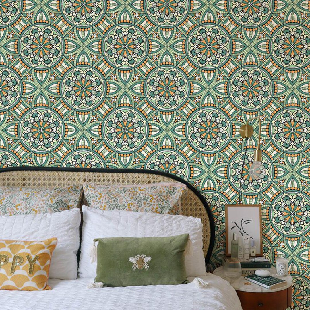 Green Floral Geometric Wallpaper: Peel and Stick Removable Wall Art - Etsy