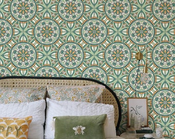 Green Floral Geometric Wallpaper: Peel and Stick Removable Wall Art