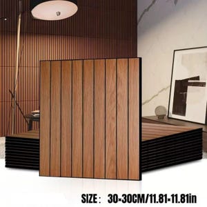 Könnte beinhalten: Holzpaneel mit vertikaler Maserung und schwarzen Akzenten. Das Paneel misst 30 x 30 cm. Die Paneele haben eine warme braune Farbe und eignen sich für Innenarchitekturprojekte.