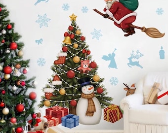 Christmas Tree Wall Decals, Santa Claus, Snowman, Vinyl Stickers,