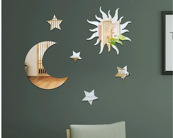 3D Star and Moon Mirror Wall Decals: Silver Acrylic Home Decor