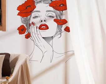 Red Flower Girl Wall Decal: Peel & Stick Art Deco Mural