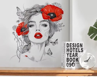 Red Flower Girl Wall Decal: Peel & Stick Vinyl Art