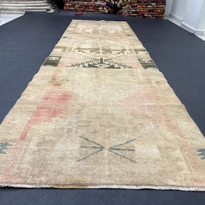 3.3x11.4 Neutral brown Turkish Runner rug,vintage turkish runner,wool Persian runner,3x11 antique oushak runner,hallway runner,kitchen rug
