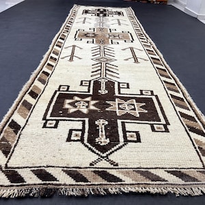 Vintage Herki Turkish Runner Rug: 3x11.6 Wool Oushak Hallway Rug