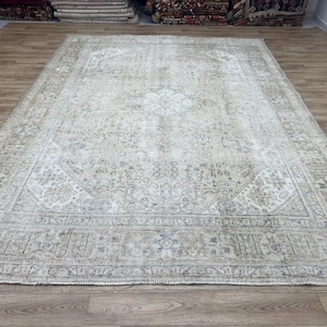 8x11 Large Neutral Oushak Rug – 241x333 cm Turkish Vintage Area Rug – Faded Beige  Handwoven Carpet