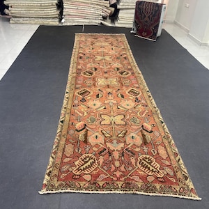 3.3x12 Vintage Oushak Runner Rug: Handmade Wool Persian Style