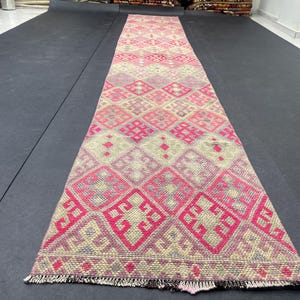 Vintage Persian Wool Runner Rug: Pink & Green Hallway Carpet (2.2x13.7)