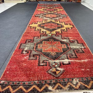 Red Vintage Oushak Runner Rug: 3.2x13.5 Turkish Wool Handmade Rug