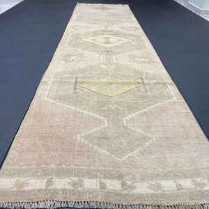 3x12 Vintage Turkish Oushak Runner Rug: Neutral Beige Wool